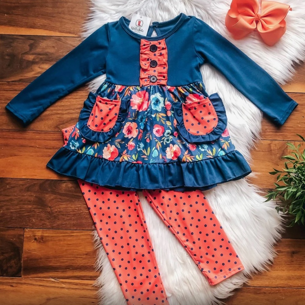 NWT Wellie Kate Super Soft Blue Orange Floral Pant Set - Size 10-12T